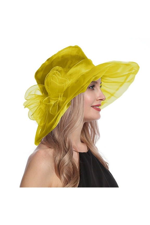 Derby Hats for Women Flower Wide Brim Sun Hat Fascinators Big Wide Brim Fedoras Sun Visor Cap Women's Vintage Mesh Hat Floral Shade Holiday Brim Top Hat Yellow One Size