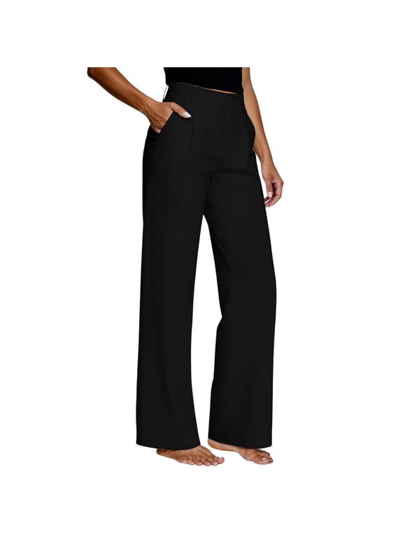 Dress Pants for Womens Stretchy High Waisted Straight Wide Leg Petite Trousers Pull On Work Office Business Casual Slacks with Pockets for Teacher Black M
