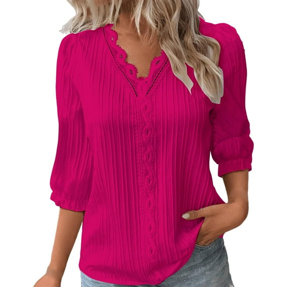 Holzkary Elegant Shirts for Women Dressy 3/4 Length Sleeve Womens Tops Spring Fall Summer Fashion Clothes Cute Tunic Top Summer Lace V Neck Plain Lace Elegant Shirt Plus Size Scrub Tops Hot Pink M