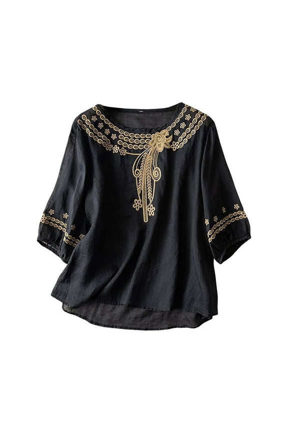 Embroidered Boho Tops for Women Crew Neck Mexican Shirts Relaxed Fit Basic Tee Summer Tshirts Solid Color Shirts Retro Embroidered Boho Tops Lightweight Pullover Shirt Loose Tunics Top