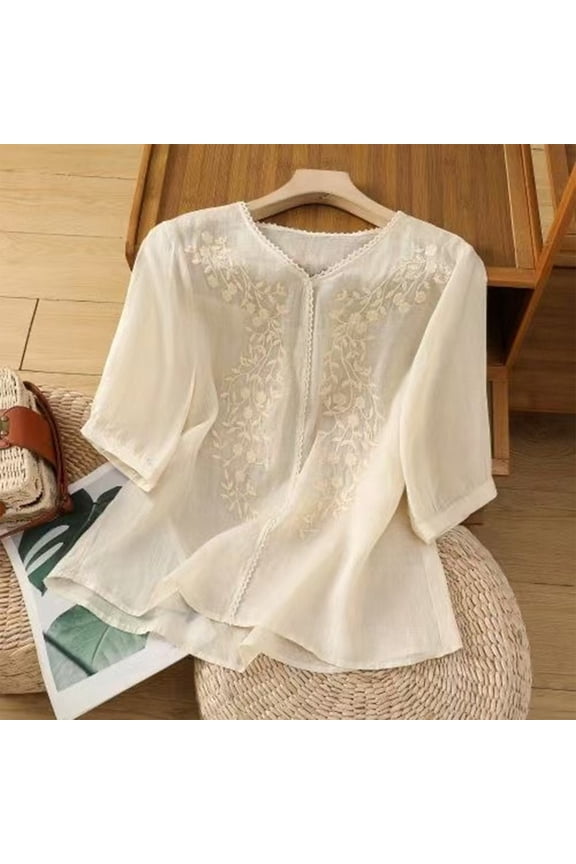 Embroidered Cotton Linen Tops for Women 3/4 Sleeve Summer Boho Peasant Gauze Blouses Dressy Casual Bohemian Shirts Beige L