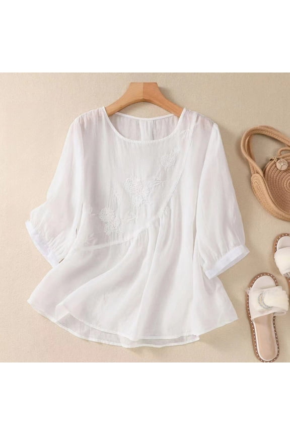 Embroidered Cotton Linen Tops for Women 3/4 Sleeve Summer Boho Peasant Gauze Blouses Dressy Casual Bohemian Shirts White L