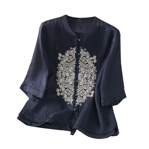 Holzkary Embroidered Tops for Women Cotton and Linen Embroidered Shirt Wide Elastic Stand Collar Single Bead Button Loose Top Casual Summer Boho T Shirts Loose Fit Half Sleeve Floral Blouses Navy L