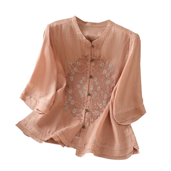 Holzkary Embroidered Tops for Women Cotton and Linen Embroidered Shirt Wide Elastic Stand Collar Single Bead Button Loose Top Casual Summer Boho T Shirts Loose Fit Half Sleeve Floral Blouses Pink Xl