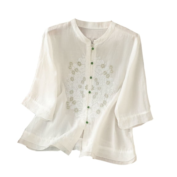 Holzkary Embroidered Tops for Women Cotton Linen Embroidered Shirt Wide Elastic Stcollar Single Bead Button Loose Top Casual Summer Boho T Shirts Loose Fit Half Sleeve Floral Blouses White Xxl