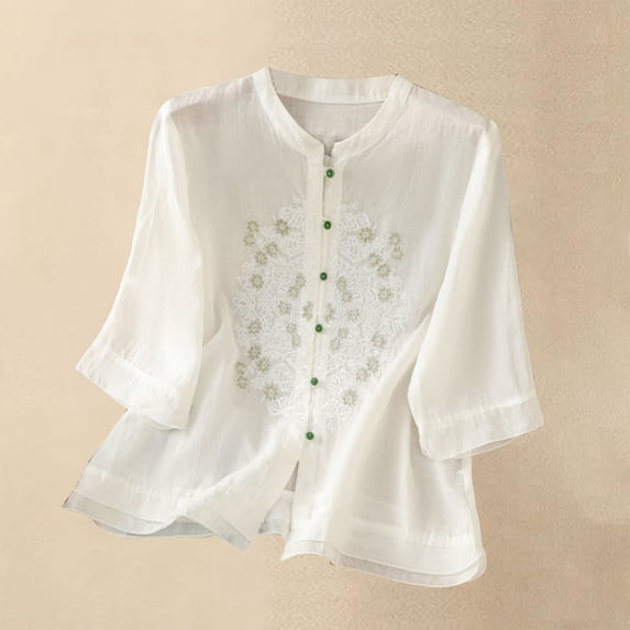 Holzkary Embroidered Tops for Women Cotton Linen Embroidered Shirt Wide Elastic Stcollar Single Bead Button Loose Top Casual Summer Boho T Shirts Loose Fit Half Sleeve Floral Blouses White 3Xl