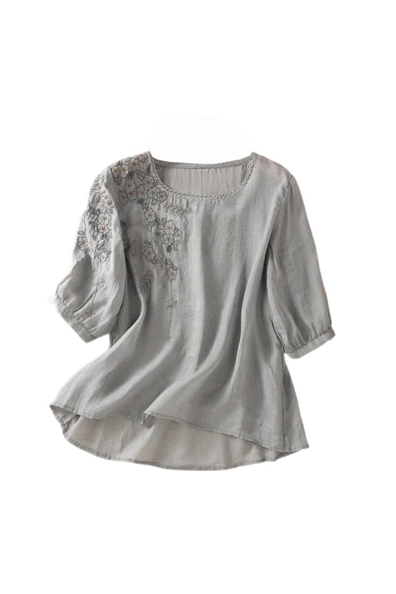 Embroidered Tops for Women Cotton Linen Tops Boho Tunic Top Festival Casual Loose T Shirt Half Sleeve Top Elbow Length Blouses Cotton Linen Shirts Ethnic Tee V Neck Tshirt Grey Xxl