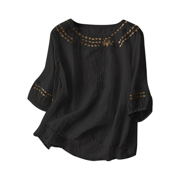 Holzkary Embroidered Tops for Women Cotton Linen Tops Boho Tunic Top Festival Casual Loose T Shirt Half Sleeve Top Elbow Length Blouses Solid Color Cotton and Linen Top Shirt Button T Shirt Black Xl