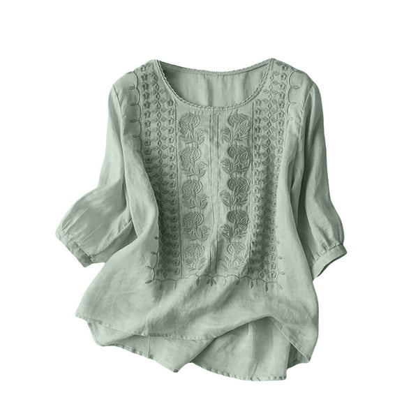 Holzkary Embroidered Tops for Women Cotton Linen Tops Boho Tunic Top Festival Casual Loose T Shirt Half Sleeve Top Elbow Length Blouses Solid Color Pleated Cotton and Linen Tops Shirts Pink M