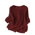 thumbnail image 1 of Holzkary Embroidered Tops for Women Cotton Linen Tops Boho Tunic Top Festival Casual Loose T Shirt Half Sleeve Top Elbow Length Blouses Solid Color Pleated Cotton and Linen Tops Shirts Wine Xl, 1 of 7