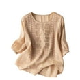 thumbnail image 1 of Holzkary Embroidered Tops for Women Cotton Linen Tops Boho Tunic Top Festival Casual Loose T Shirt Half Sleeve Top Elbow Length Blouses Summer Round Neck Dandelion Print Top Blouse Khaki L, 1 of 4