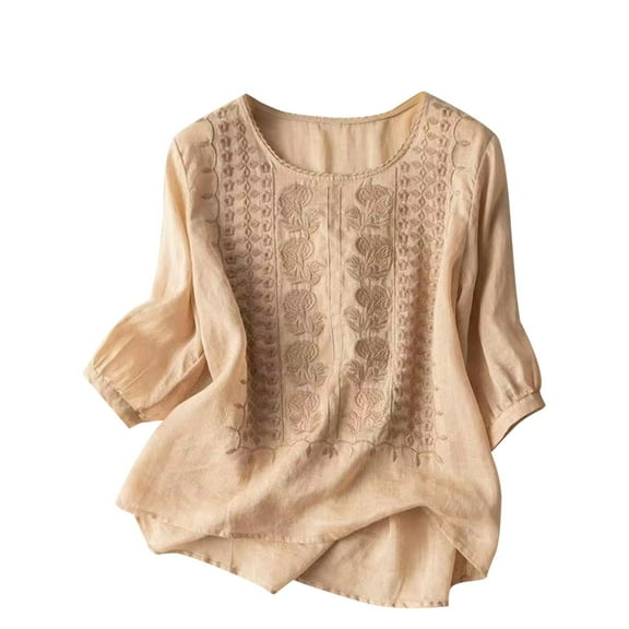 Holzkary Embroidered Tops for Women Cotton Linen Tops Boho Tunic Top Festival Casual Loose T Shirt Half Sleeve Top Elbow Length Blouses Summer Round Neck Dandelion Print Top Blouse Khaki L