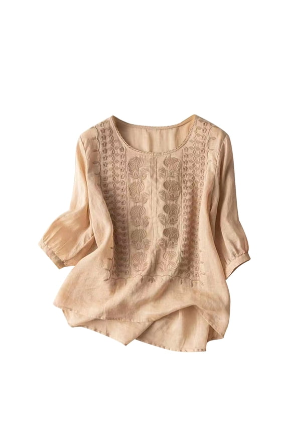 Embroidered Tops for Women Cotton Linen Tops Boho Tunic Top Festival Casual Loose T Shirt Half Sleeve Top Elbow Length Blouses Summer Round Neck Dandelion Print Top Blouse Khaki L