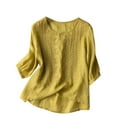thumbnail image 1 of Holzkary Embroidered Tops for Women Cotton Linen Tops Boho Tunic Top Festival Casual Loose T Shirt Half Sleeve Top Elbow Length Blouses Summer Round Neck Dandelion Print Top Blouse Yellow L, 1 of 4