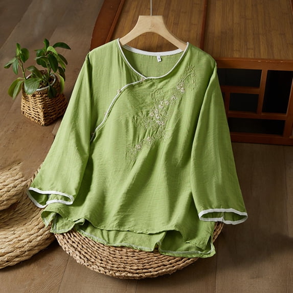 Holzkary Embroidered Tops for Women Cotton Linen Tops Summer 3/4 Sleeve V Neck Button Loose Plus Size Shirts Casual Summer Boho T Shirts Loose Fit Half Sleeve Floral Blouses Green Xl