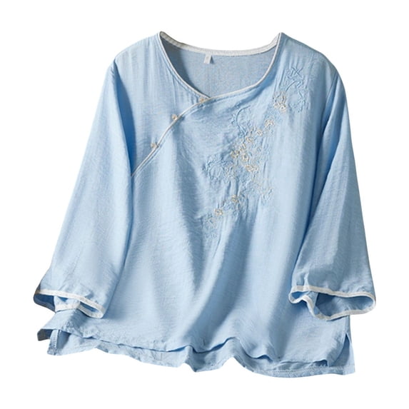 Holzkary Embroidered Tops for Women Cotton Linen Tops Summer 3/4 Sleeve V Neck Button Loose Plus Size Shirts Casual Summer Boho T Shirts Loose Fit Half Sleeve Floral Blouses Blue L