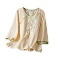 thumbnail image 1 of Holzkary Embroidered Tops for Women Cotton Linen Tops Summer 3/4 Sleeve V Neck Button Loose Plus Size Shirts Casual Summer Boho T Shirts Loose Fit Half Sleeve Floral Blouses Yellow L, 1 of 6