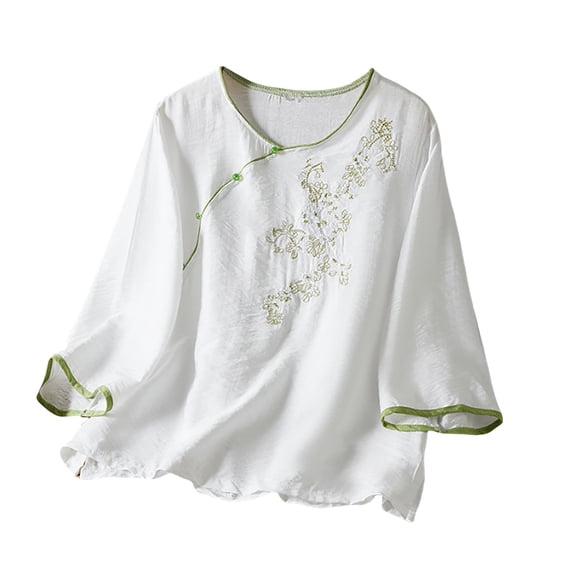 Holzkary Embroidered Tops for Women Cotton Linen Tops Summer 3/4 Sleeve V Neck Button Loose Plus Size Shirts Casual Summer Boho T Shirts Loose Fit Half Sleeve Floral Blouses White Xxl