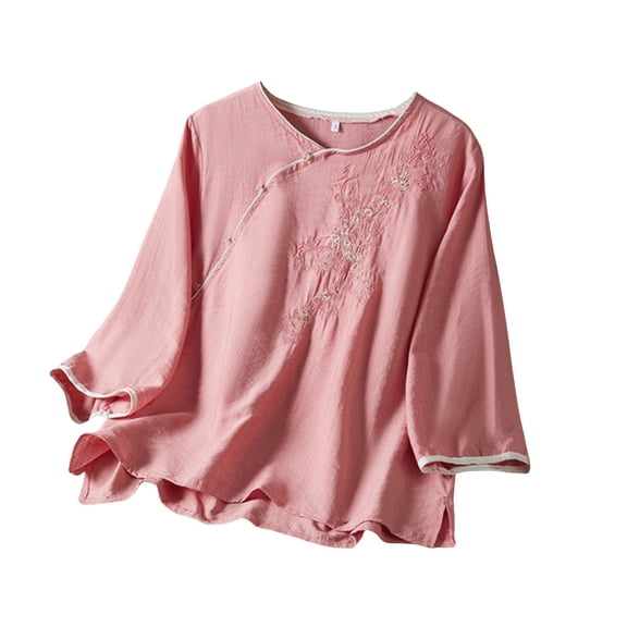 Holzkary Embroidered Tops for Women Cotton Linen Tops Summer 3/4 Sleeve V Neck Button Loose Plus Size Shirts Casual Summer Boho T Shirts Loose Fit Half Sleeve Floral Blouses Pink Xl