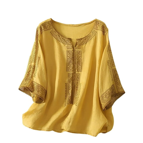 Holzkary Embroidered Tops for Women Embroidered Large Loose Shirt Round Neck Five Sleeve Retro Solid Color Transparent Top Casual Summer Boho T Shirts Loose Fit Half Sleeve Floral Blouses Yellow L