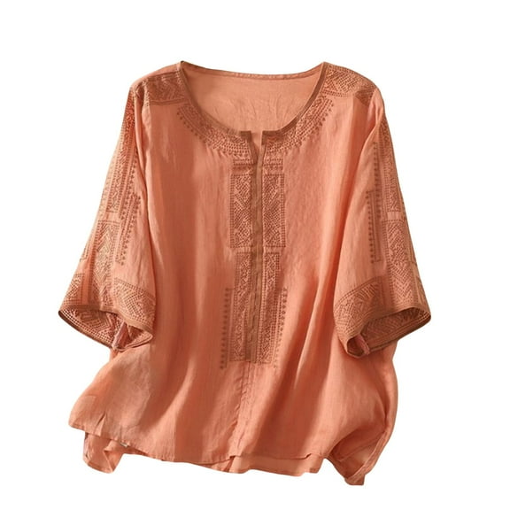 Holzkary Embroidered Tops for Women Embroidered Large Loose Shirt Round Neck Five Sleeve Retro Solid Color Transparent Top Casual Summer Boho T Shirts Loose Fit Half Sleeve Floral Blouses Orange 3Xl