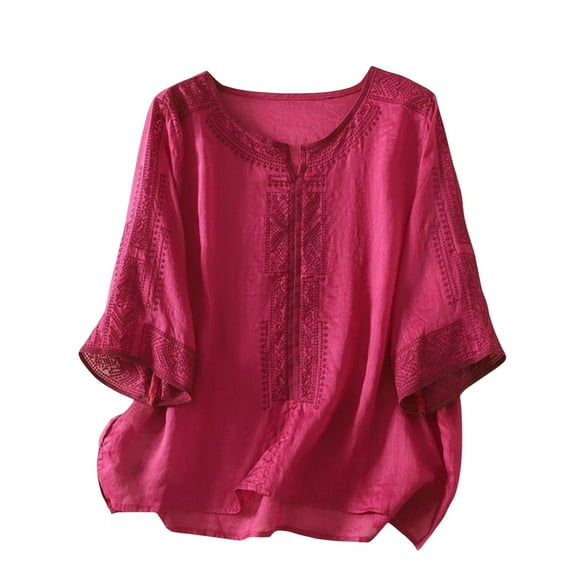 Holzkary Embroidered Tops for Women Embroidered Large Loose Shirt Round Neck Five Sleeve Retro Solid Color Transparent Top Casual Summer Boho T Shirts Loose Fit Half Sleeve Floral Blouses Hot Pink 3Xl