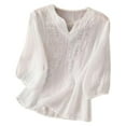 thumbnail image 1 of Holzkary Embroidered Tops for Women Embroidered Tops Cotton Linen Shirts Ethnic Style Tee 3/4 Sleeve V Neck Tshirt Summer Boho Tops Casual Half Sleeve Blouses Floral Shirt Vacation Clothes White S, 1 of 3