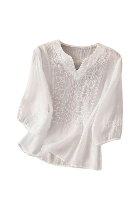 Embroidered Tops for Women Embroidered Tops Cotton Linen Shirts Ethnic Style Tee 3/4 Sleeve V Neck Tshirt Summer Boho Tops Casual Half Sleeve Blouses Floral Shirt Vacation Clothes White 4Xl
