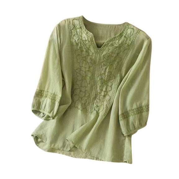 Holzkary Embroidered Tops for Women Embroidered Tops Cotton Linen Shirts Ethnic Style Tee 3/4 Sleeve V Neck Tshirt Summer Boho Tops Casual Half Sleeve Blouses Floral Shirt Vacation Clothes Green S