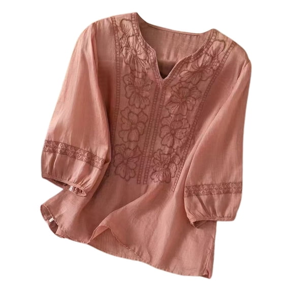 Holzkary Embroidered Tops for Women Embroidered Tops Cotton Linen Shirts Ethnic Style Tee 3/4 Sleeve V Neck Tshirt Summer Boho Tops Casual Half Sleeve Blouses Floral Shirt Vacation Clothes Red S