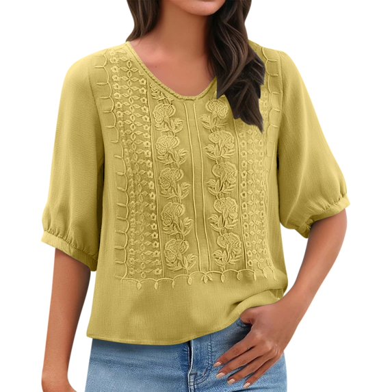 Holzkary Embroidered Tops for Women Fashionable Casual Solid Color Pleated Cotton and Linen V Neck Tops Shirts and T Shirts Casual Summer Boho T Shirts Loose Fit Half Sleeve Floral Blouses Yellow Xxl
