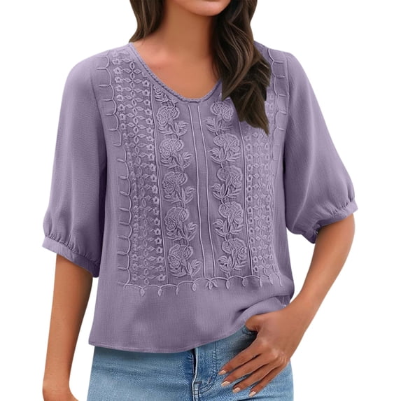 Holzkary Embroidered Tops for Women Fashionable Casual Solid Color Pleated Cotton and Linen V Neck Tops Shirts and T Shirts Casual Summer Boho T Shirts Loose Fit Half Sleeve Floral Blouses Purple M