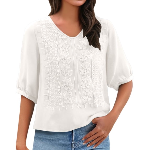 Holzkary Embroidered Tops for Women Fashionable Casual Solid Color Pleated Cotton and Linen V Neck Tops Shirts and T Shirts Casual Summer Boho T Shirts Loose Fit Half Sleeve Floral Blouses White Xxl