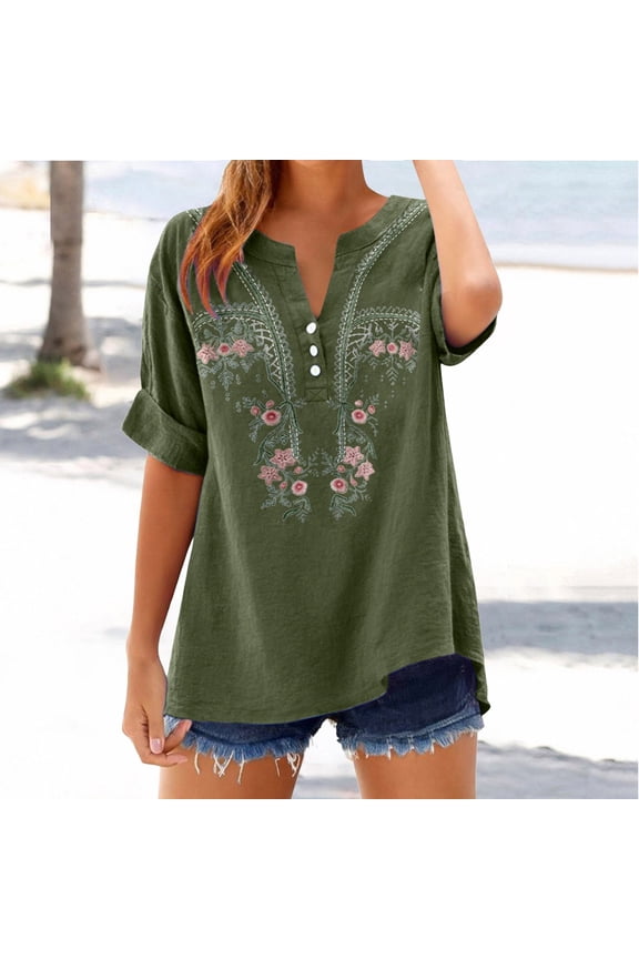 Embroidered Tops for Women Summer Gauze Shirts Boho Shirts Work Tees Mexican Shirts Breathable Elbow Sleeve Relaxed Fit Basic Tee Soft Floral Top Summer Tshirts Lightweight Pullover Shirt