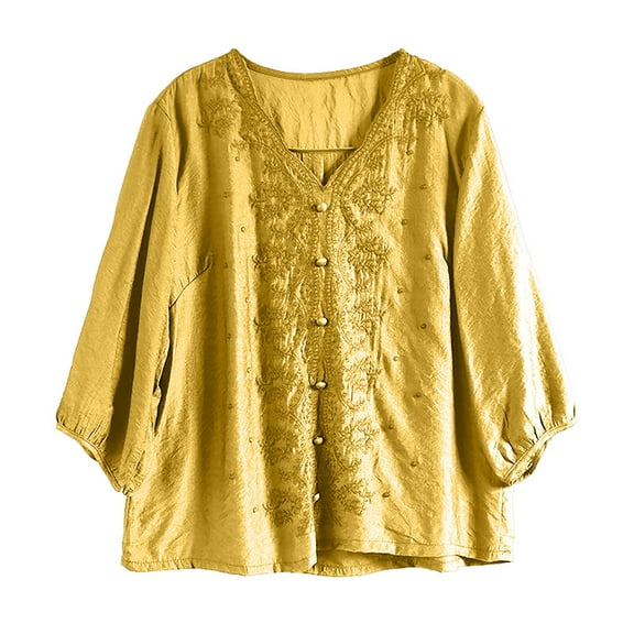 Holzkary Embroidered Tops for Women Tops 2025 Cotton Linen Top Blouses Retro Plus Size 3/4 Sleeve V Neck Embroidered Shirt Casual Summer Boho T Shirts Loose Fit Half Sleeve Floral Blouses Yellow Xxl