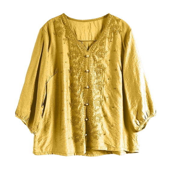 Holzkary Embroidered Tops for Women Tops 2025 Cotton Linen Top Blouses Retro Plus Size 3/4 Sleeve V Neck Embroidered Shirt Casual Summer Boho T Shirts Loose Fit Half Sleeve Floral Blouses Yellow 5Xl