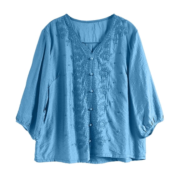 Holzkary Embroidered Tops for Women Tops 2025 Cotton Linen Top Blouses Retro Plus Size 3/4 Sleeve V Neck Embroidered Shirt Casual Summer Boho T Shirts Loose Fit Half Sleeve Floral Blouses Sky Blue 6Xl