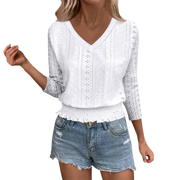 Holzkary Eyelet Tops for Womens V Neck Smock Waist Shirt Dressy Casual Work Office Blouses Fall Outfits 3/4 Length Sleeve Womens Fall Eyelet V Neck T Shirts Fashion Crop Tops White S