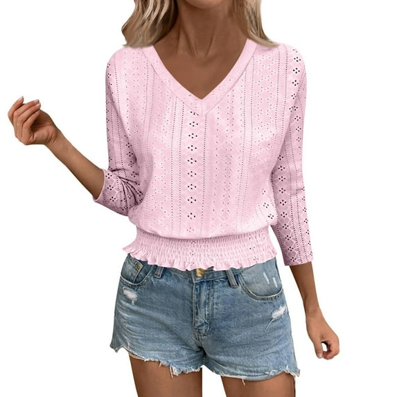 Holzkary Eyelet Tops for Womens V Neck Smock Waist Shirt Dressy Casual Work Office Blouses Fall Outfits 3/4 Length Sleeve Womens Fall Eyelet V Neck T Shirts Fashion Crop Tops Pink Xl
