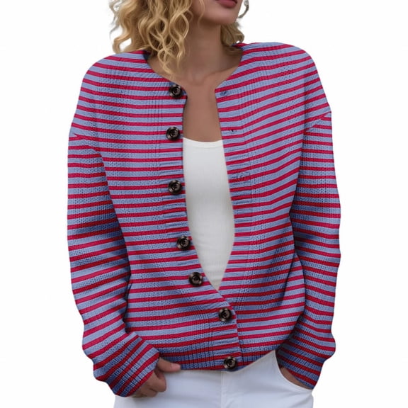 Holzkary Fall Sweater for Women Winter Coats Striped Cute Sweaters Women's Open Front Cardigans Cute Flower Print Sweaters Crew Neck Button Down Trendy Fall Tops Coat Hot Pink S