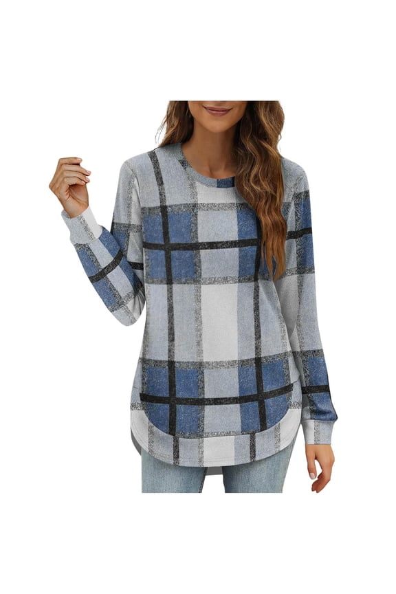 Fall Tops for Women 2025 Plaid Flannel Shirts Cotton Blend Long Sleeve Tunic Sweatshirt Loose Fit Color Block Blouse Casual Loose Check Round Neck Irregular Bottomed Shirt Top Sky Blue S