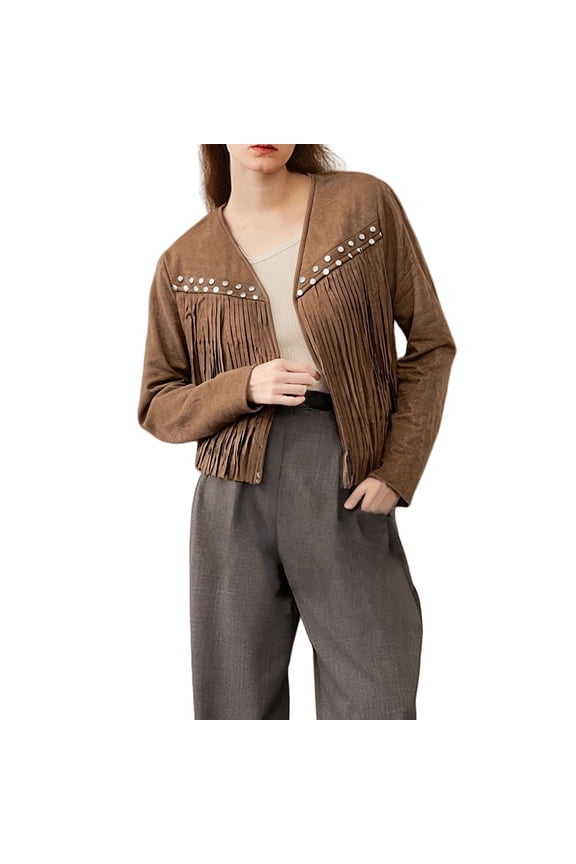 Faux Suede Leather Jackets for Women 2025 Tassel Motorcycle Cropped Coats Trendy Fall Western Fringe Outwear Long Sleeve Leather Coat Cropped Jacket Western Outfits with Tassel Brown M