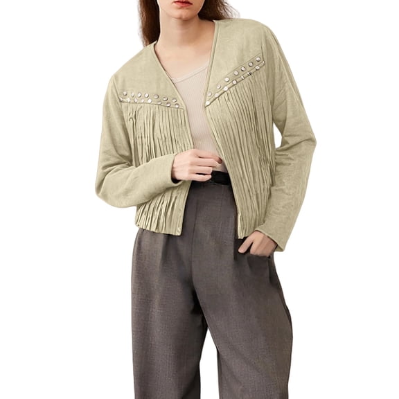 Holzkary Faux Suede Leather Jackets for Women 2025 Tassel Motorcycle Cropped Coats Trendy Fall Western Fringe Outwear Long Sleeve Leather Coat Cropped Jacket Western Outfits with Tassel Light Yellow M