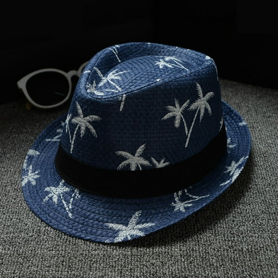 Holzkary Fedora Hat Wide Brim Summer Beach Sun Cap Panama Hat for Men Women Parent Child Adult Beach Wind Travel Tree Printing Paper Straw Jazz Hat Seaside Sun Hat Dark Blue One Size