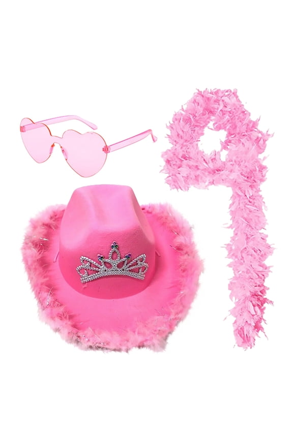 Fedora Hat Wide Brim Summer Beach Sun Cap Panama Hat for Men Women Women's Western Cowboy Hat Feather Scarf Eyeglasses 3 Piece Set Hot Pink One Size