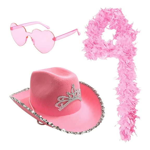 Holzkary Fedora Hat Wide Brim Summer Beach Sun Cap Panama Hat for Men Women Women's Western Cowboy Hat Feather Scarf Eyeglasses 3 Piece Set Pink One Size