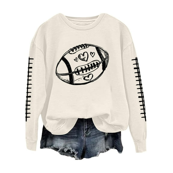Holzkary Football Sweatshirts for Women Game Day Graphic Print Pullover Shirts Long Sleeve Crewneck Fall Fashion Tops American Football Print Solid Color Round Neck Ladies Sweatshirt Beige L