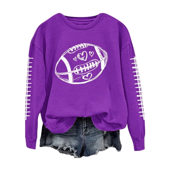 Holzkary Football Sweatshirts for Women Game Day Graphic Print Pullover Shirts Long Sleeve Crewneck Fall Fashion Tops American Football Print Solid Color Round Neck Ladies Sweatshirt Purple L