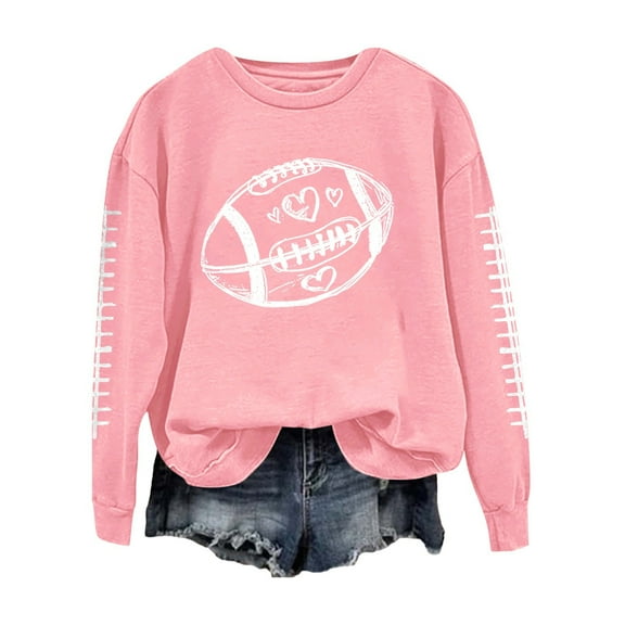 Holzkary Football Sweatshirts for Women Game Day Graphic Print Pullover Shirts Long Sleeve Crewneck Fall Fashion Tops American Football Print Solid Color Round Neck Ladies Sweatshirt Pink Xl