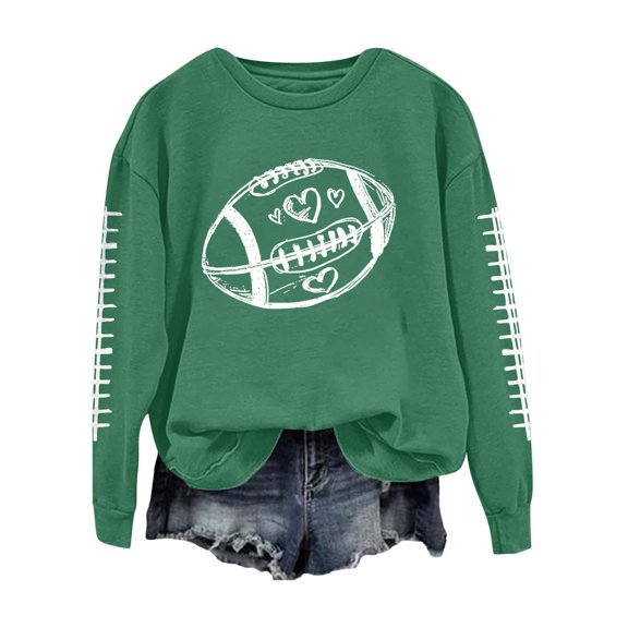 Holzkary Football Sweatshirts for Women Game Day Graphic Print Pullover Shirts Long Sleeve Crewneck Fall Fashion Tops American Football Print Solid Color Round Neck Ladies Sweatshirt Green S